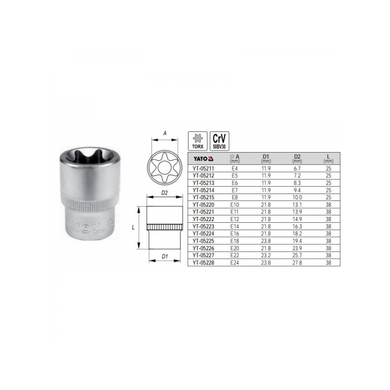 E20 E-torx padrun 1/2" YT-05226